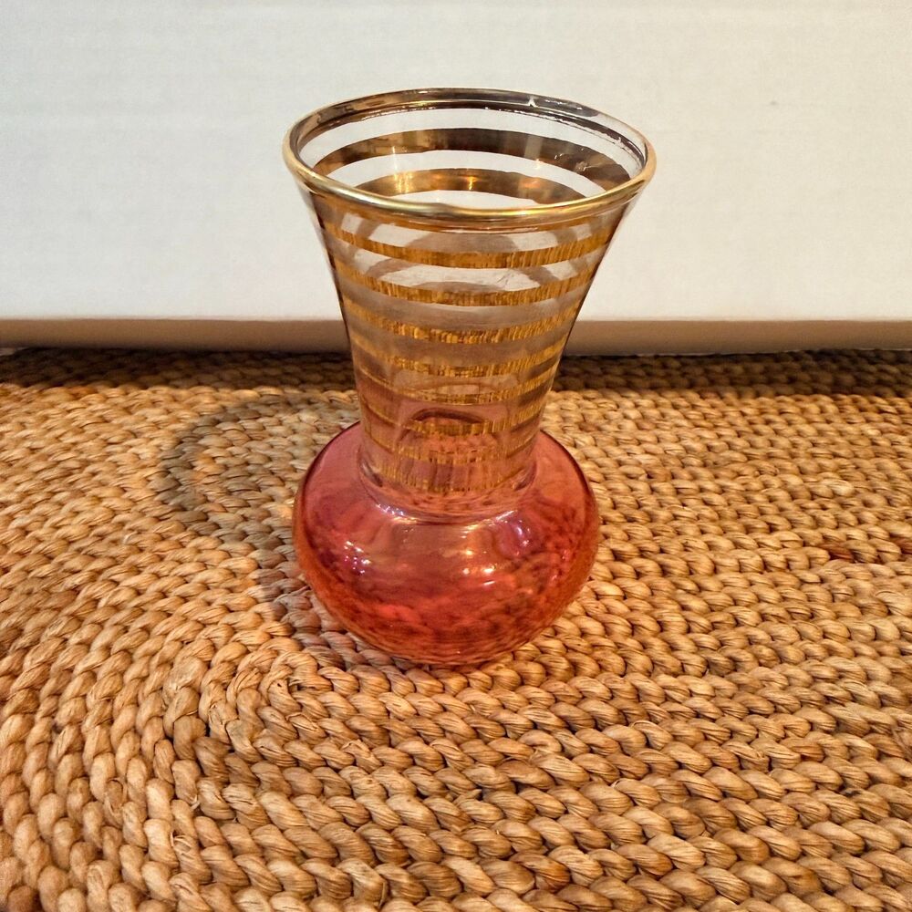 Vintage Pink Glass Bud Vase Gold Bands Stripes 4" MCM Vanity Decor